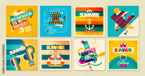 Set of colorful summer stickers design. Vector illustration.