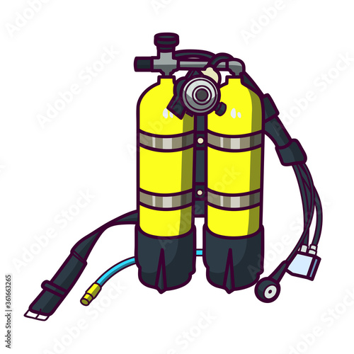 Yellow cylinders with air for the diver.  Air tanks for immersion under water.  Equipment for scuba divers.  Yellow oxygen bottles for breathing underwater.