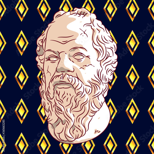 Old Greek philosopher on a blue background with golden rhombuses. Abstract image of a head with a beard and mustache. Bust of the philosopher soaring in the air.Bust of Socrates.