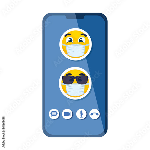 smartphone with emojis wearing medical mask on white background vector illustration design
