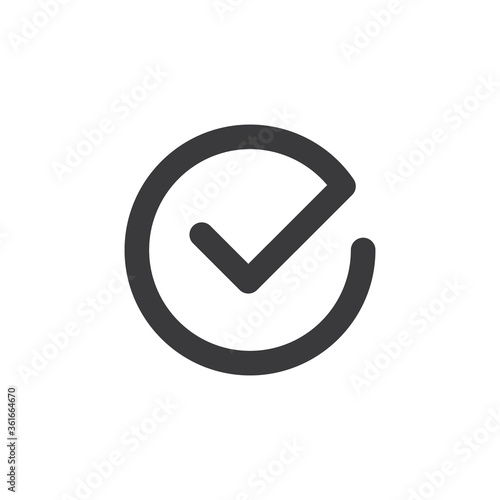 Tick icon vector symbol. Check mark isolated on white background, checked icon or correct choice sign. Checkbox pictogram.