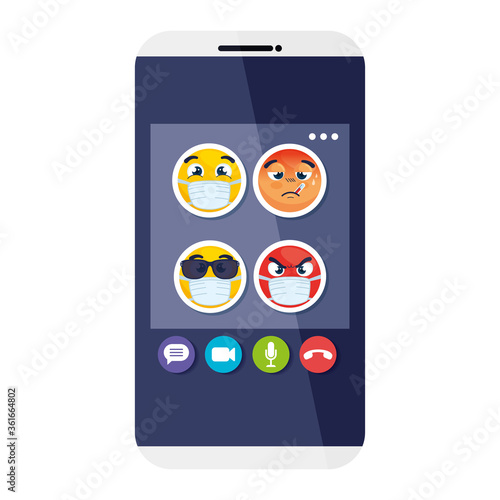 smartphone with emojis wearing medical mask on white background vector illustration design