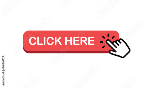 Click here web button. Isolated website buy or register bar icon with hand finger clicking cursor, design template.