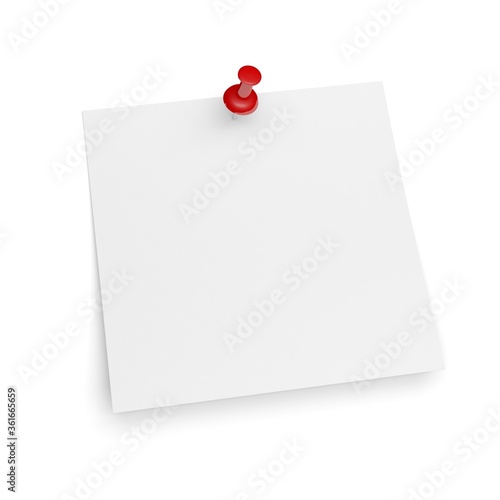 Pinned blank square white note paper isolated on white background. Red push pin. Thumbtack. 3d illustration.