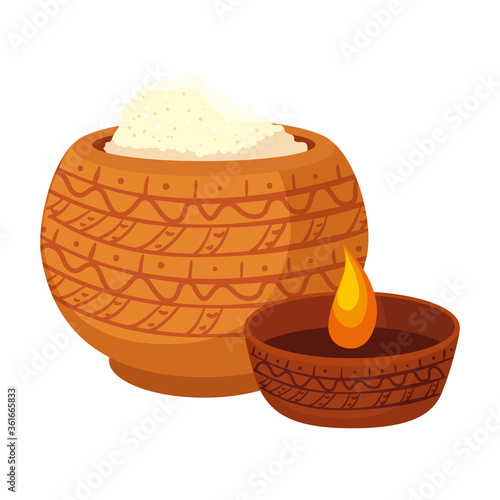 ceramic container with powder and candle, holy celebration vector illustration design
