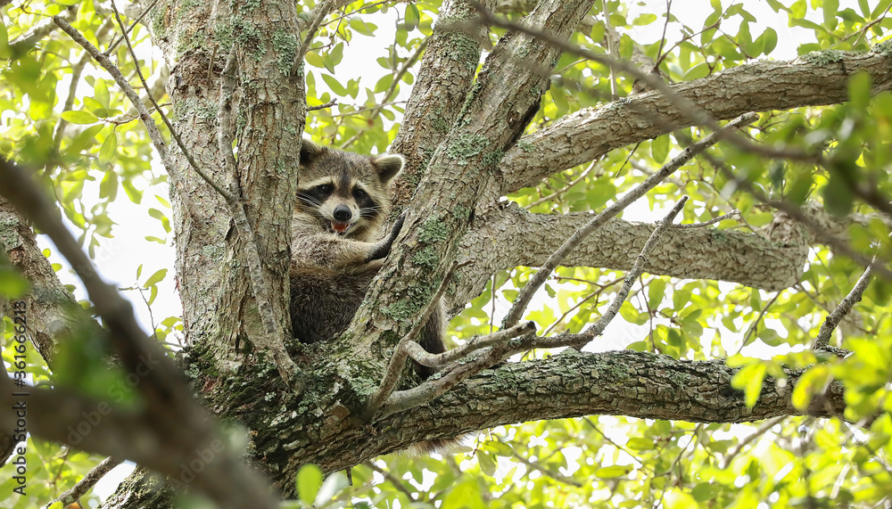Obraz premium Large raccoon tucks himself into the crutch of a huge oak tree and proceeds to clean his fur before taking a nap.