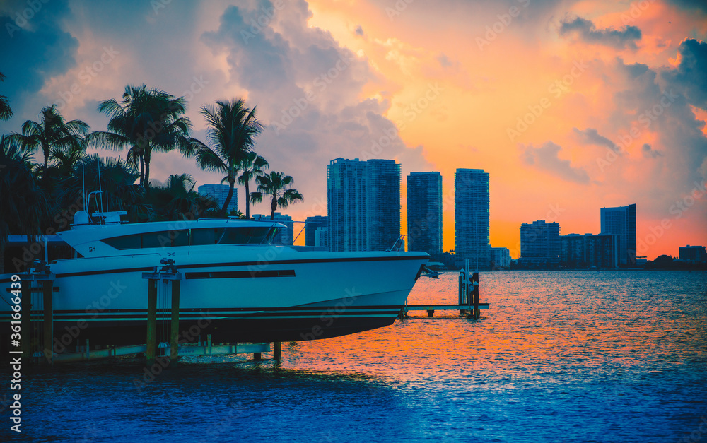 city skyline at sunset sea buildings miami florida usa sky 