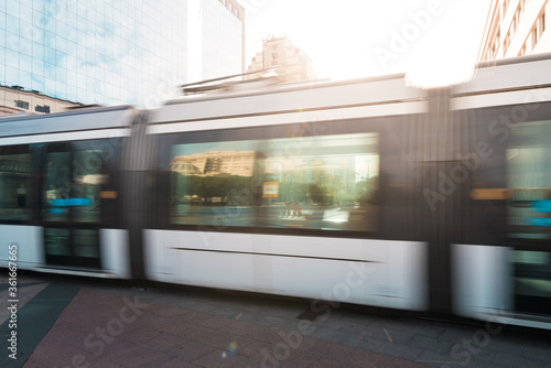 Public Transport Tramway Motion Blur in Rio de Janeiro City Downtown by Sunset