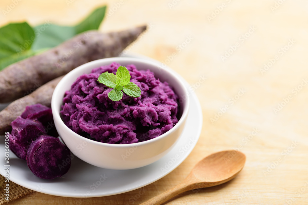 Mashed purple sweet potatoes in a bowl, Healthy food	
