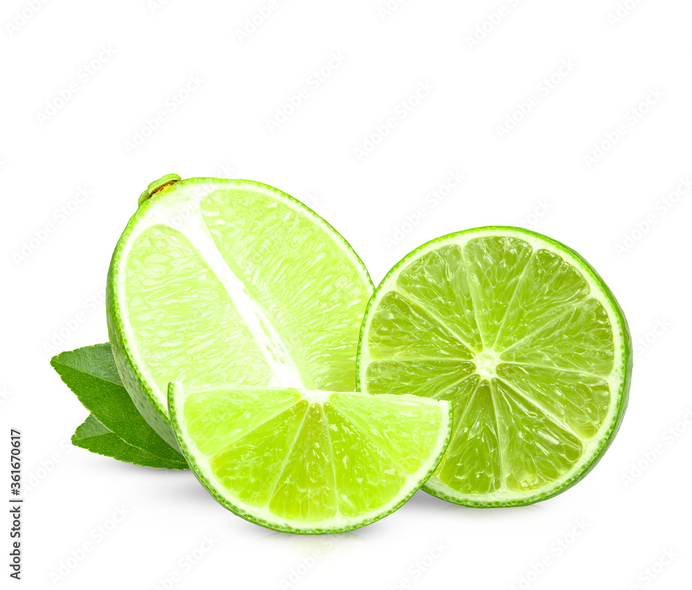 Lime. Fresh fruit with leaf isolated on white background.