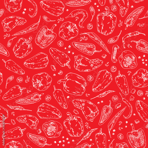 Hand drawn sketch style peppers on red background. Vector seamless pattern for label, menu, print, postcard.