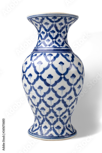 chinese antique vase. Navy blue China porcelain vase curve cross spiral frame flower. Modern white tall ceramic vase, decoration object isolated on white background with clipping path.