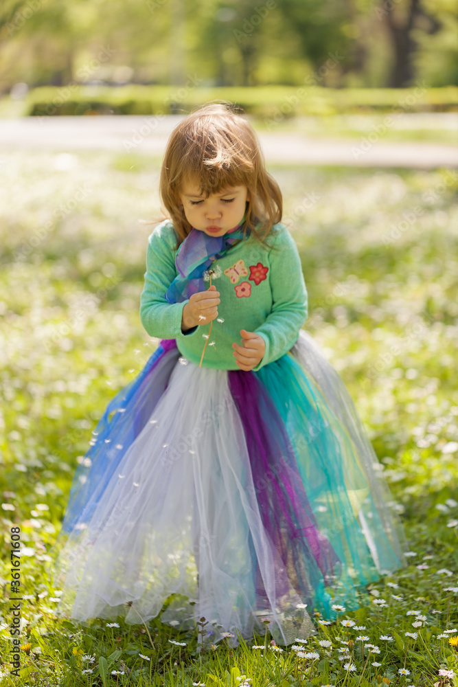 The girl blows into the dandelion The girl blows into the dandelion