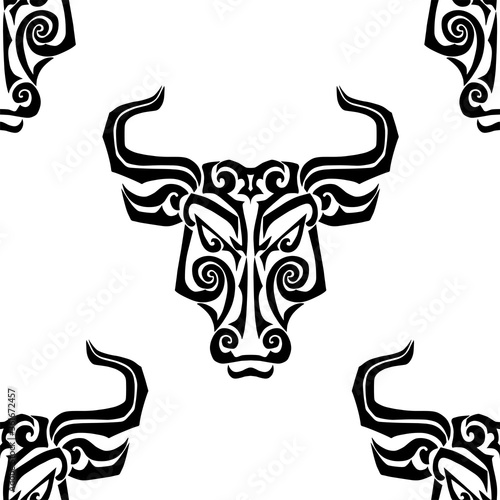Seamless pattern with bull face. Bull is symbol 2021 New Year. Vector illustration.