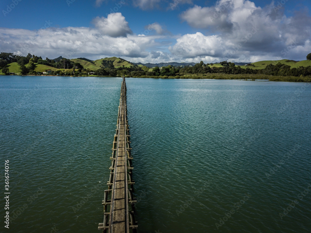 Wooden longest path bridge from drone, New Zealand