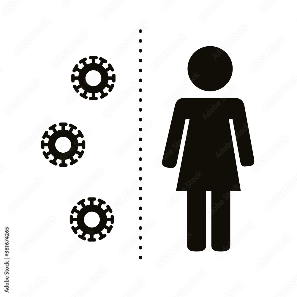 female human figure with covid19 particles distance social silhouette style female human figure with covid19 particles distance social silhouette style