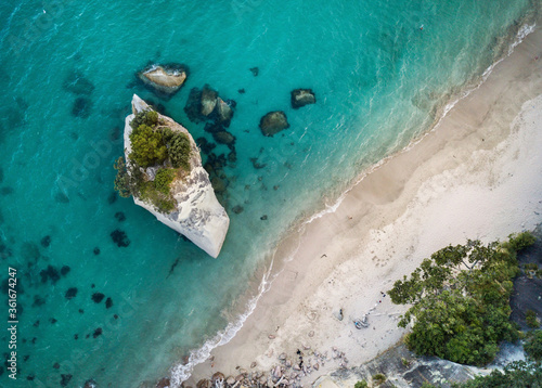 Cathedral Cove beach from the drone in Coromandel peninsula, New Zealand
