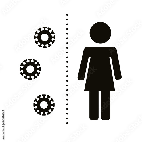 female human figure with covid19 particles distance social silhouette style