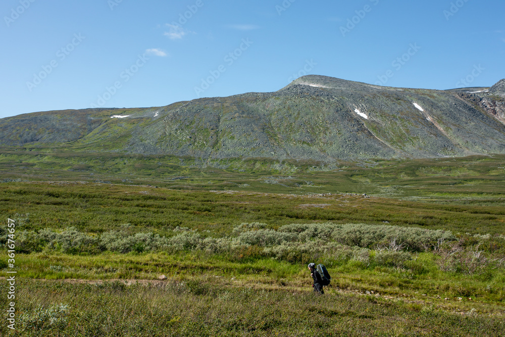 Mountain landscape, large panorama, Subpolar Urals. Beautiful landscape. The concept of outdoor activities and tourism.