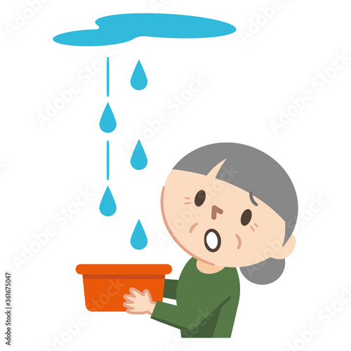 雨漏りに困る高齢者女性のイラストレーション