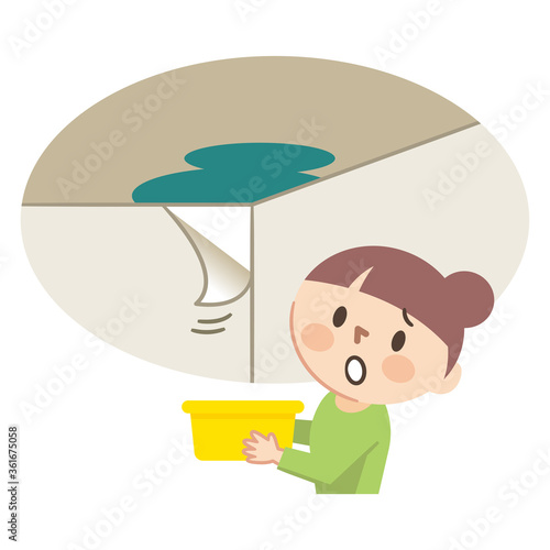 雨漏りで壁紙が剥がれて困る女性のイラストレーション