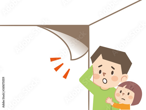 壁紙が剥がれて困る親子のイラストレーション