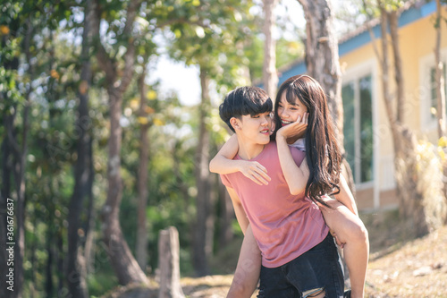 Young Asian women LGBTQ lesbian romantic couple love concept.