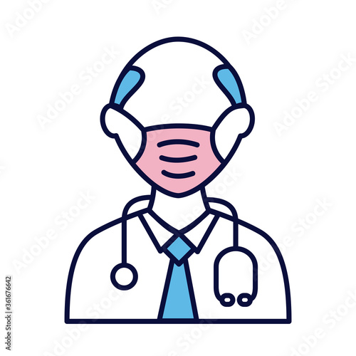 male doctor wearing medical mask with stethoscope line and fill style icon © Gstudio