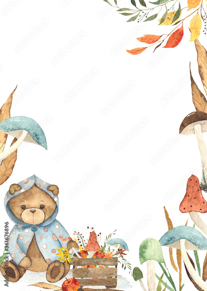Watercolor hand painted frame with cute Teddy Bears in autumn clothes, autumn bright leaves, mushrooms, umbrellas. Watercolor hand painted frame with cute Teddy Bears in autumn clothes, autumn bright leaves, mushrooms, umbrellas.