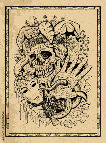 Fantasy joker skull with mask and tentacles in frame. Esoteric, occult and gothic vector illustration with symbols of death, Halloween mystic background, engraved outline drawing