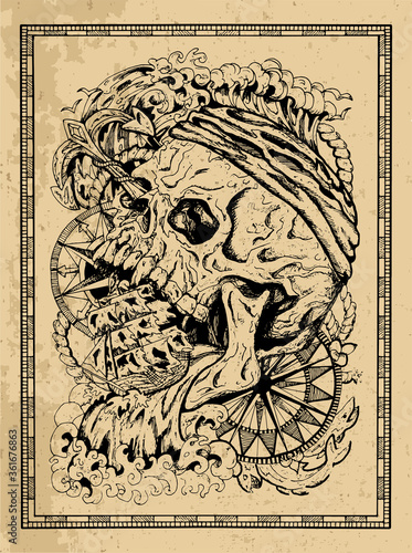Vector nautical emblem with pirate skull and old sailing ship. Esoteric, occult and gothic illustration with symbols of death, Halloween mystic background, engraved outline drawing