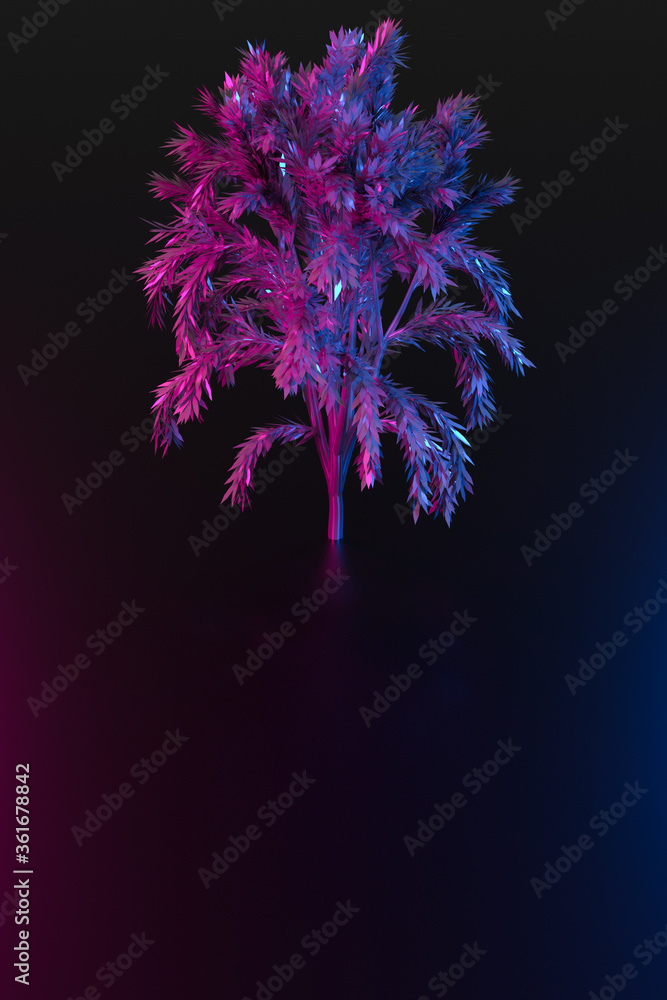 3D illustration of a large neon deciduous tree under pink and blue light with several shadows on a black background, top view 3D illustration of a large neon deciduous tree under pink and blue light with several shadows on a black background, top view
