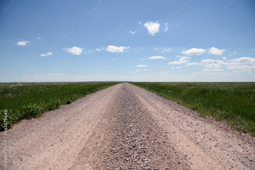 Deserted rural country dirt road through fields with sky and clouds leading to the horizon