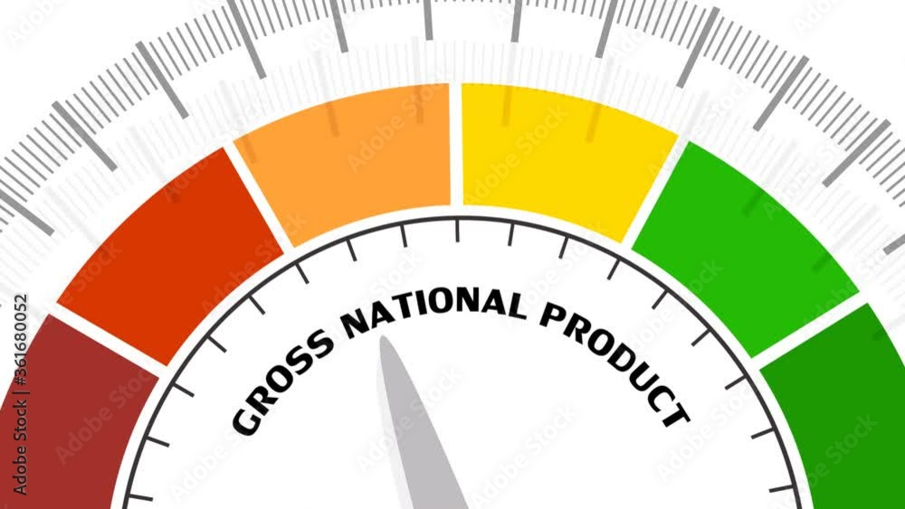 GNP - Gross National Product progress. Scale with arrow. The measuring device. Sign tachometer, speedometer, indicators. Infographic gauge element. GNP - Gross National Product progress. Scale with arrow. The measuring device. Sign tachometer, speedometer, indicators. Infographic gauge element.
