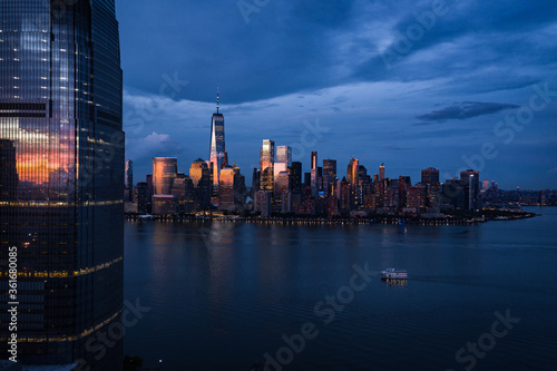 Aerial view of the Skyline of Manhattan at dusk, New York City, United States