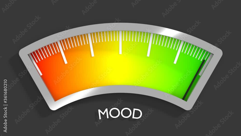 Good mood meter measure happiness or satisfaction level. Color scale with arrow. The measuring