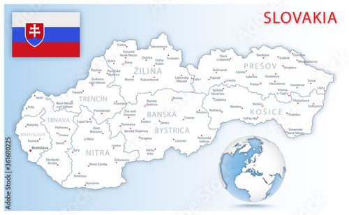 Detailed Slovakia administrative map with country flag and location on a blue globe. © gt29