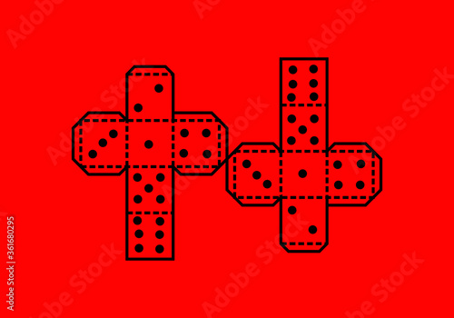 black line drawing dice for paper cutting on red background