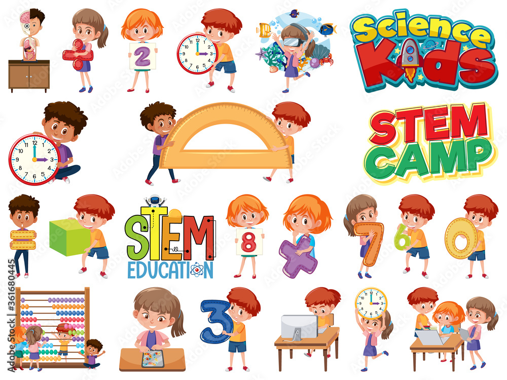 Set of children with education objects isolated Set of children with education objects isolated