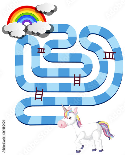 Rainbow unicorn board game template for preschool kids isolated