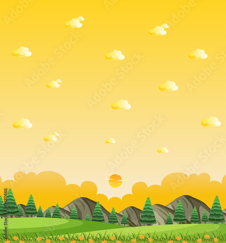 Vertical nature scene or landscape countryside with forest view and yellow sunset sky view