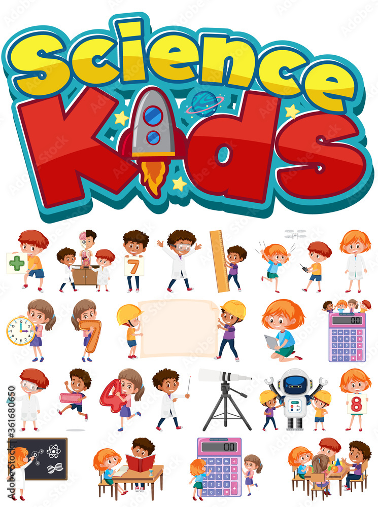 Science kids logo and set of children with education objects isolated