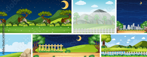 Set of different nature place scene in vertical and horizon scenes at daytime and night