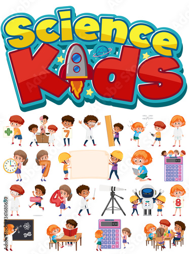 Science kids logo and set of children with education objects isolated