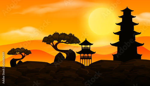 Background scene with sunset and silhouette asian temples