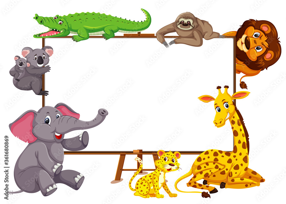 Obraz premium Wild animals cartoon character and blank banner on white background
