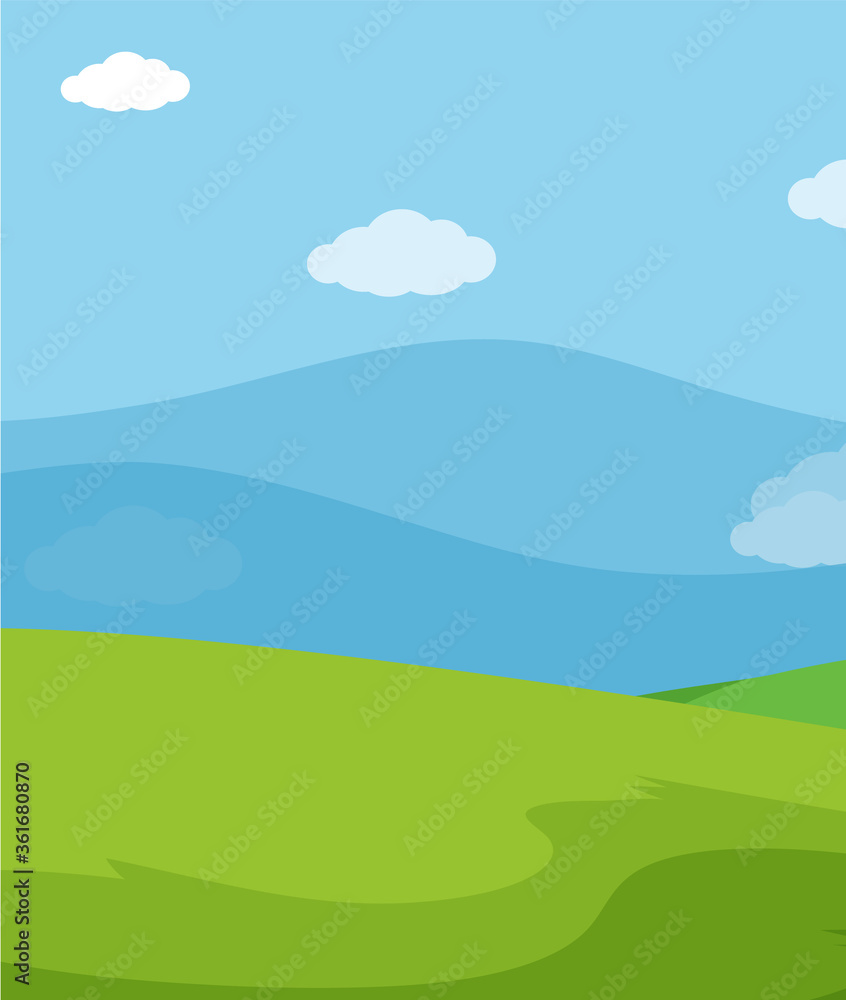 Empty nature scenes with green meadow and blank blue sky