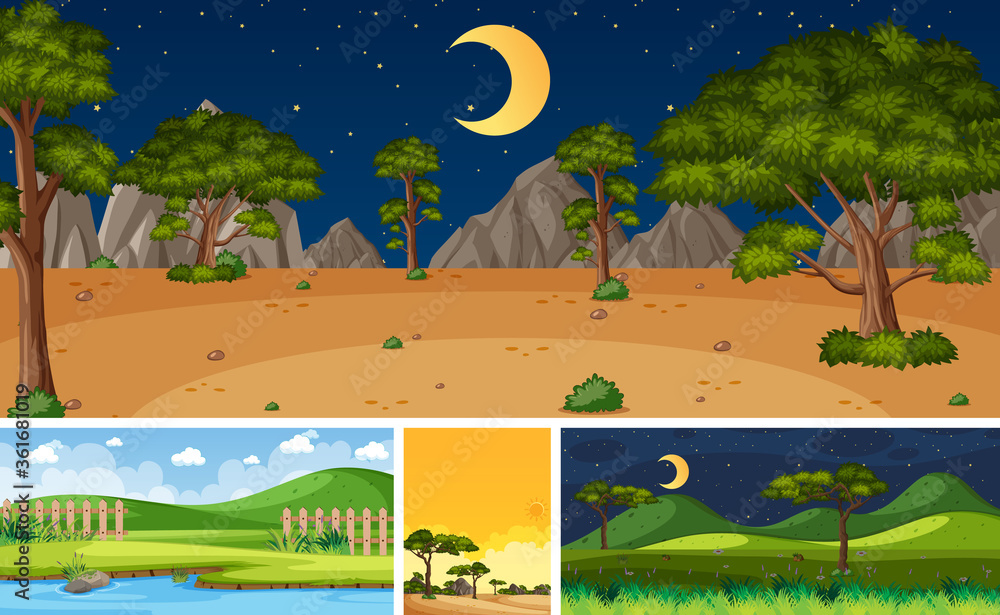 Four background different nature scenes with green trees in different times