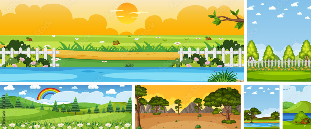 Set of different nature place scene in vertical and horizon scenes at daytime
