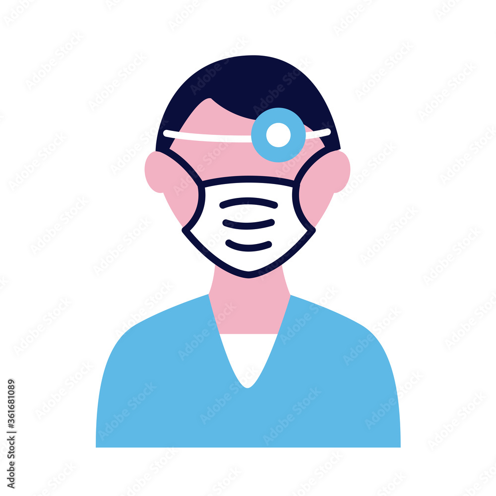 male doctor wearing medical mask and lantern flat style icon